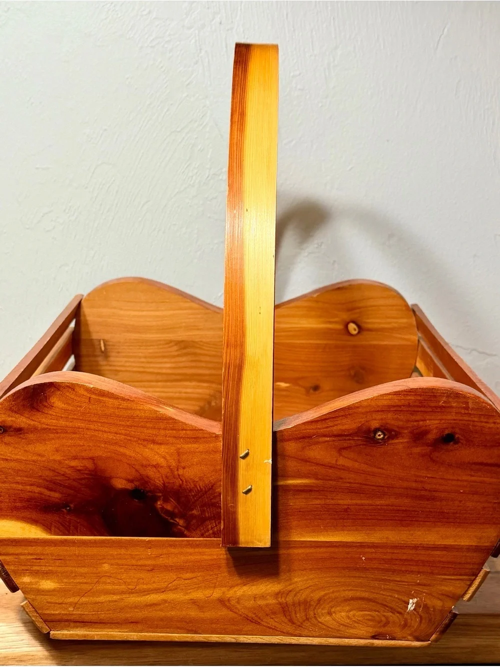 Vintage Heart Shape Cedar Wooden Slatted Market Basket - Warm Honey Tone